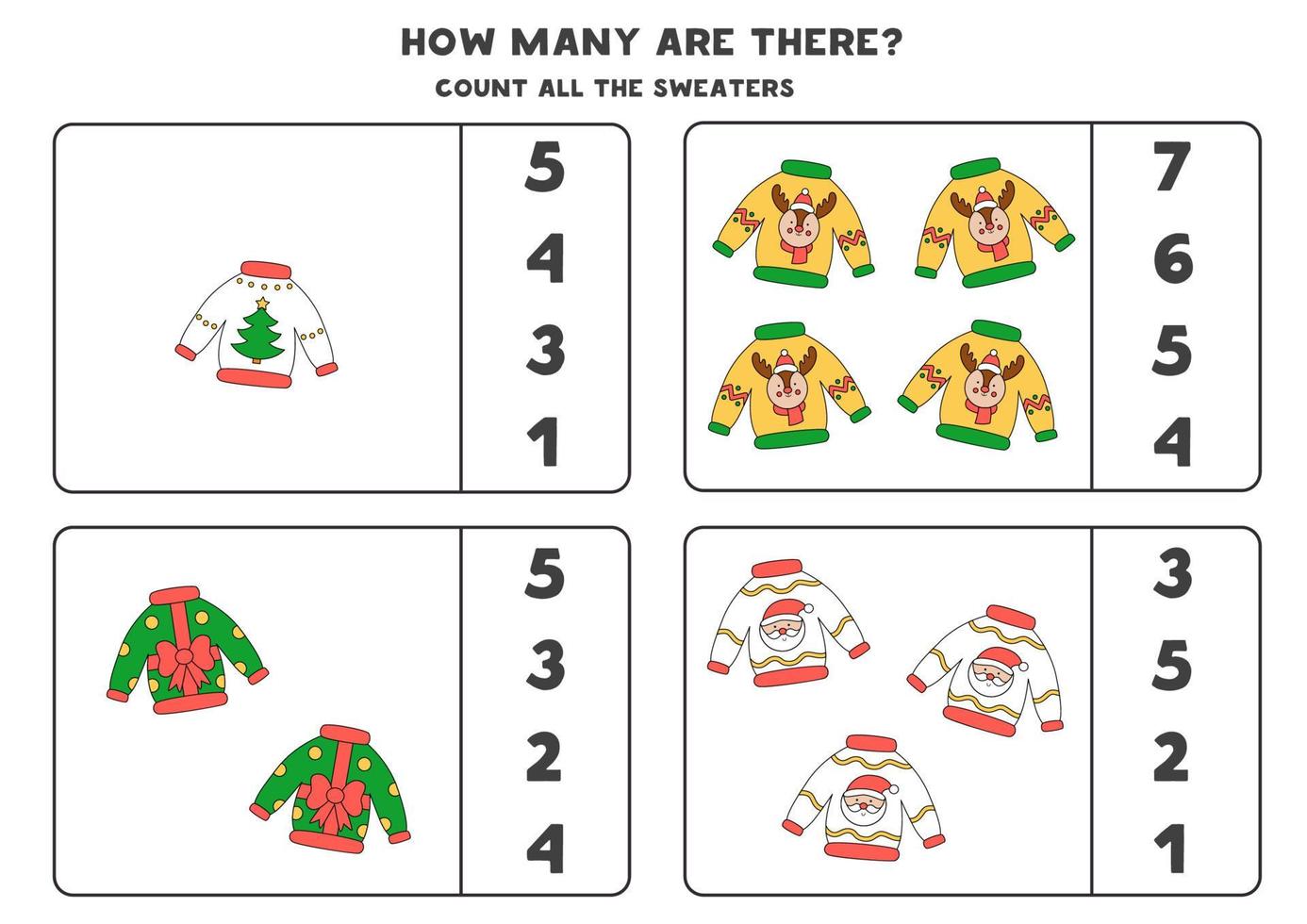 Counting game with Christmas sweaters. Educational worksheet. vector