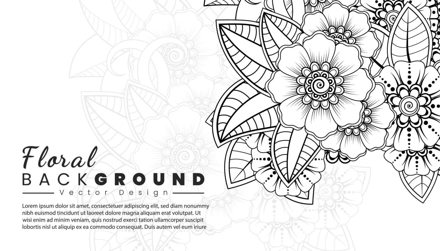 Background with mehndi flowers. Black lines on white background. Banner or card template vector