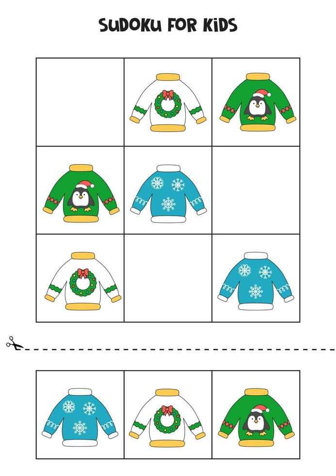 Sudoku game for kids with Christmas sweaters. vector