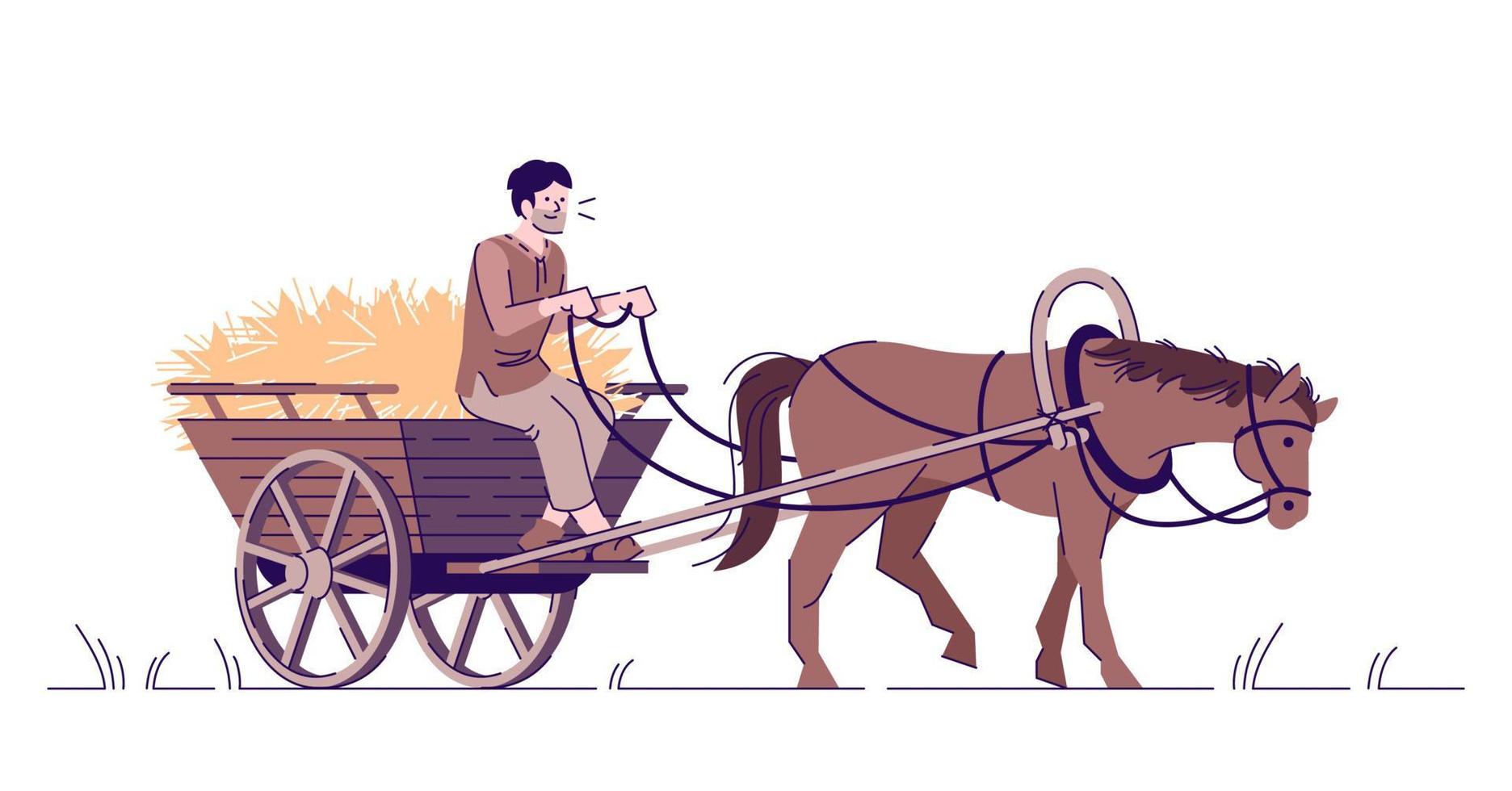 Medieval peasant riding horse cart flat vector illustration