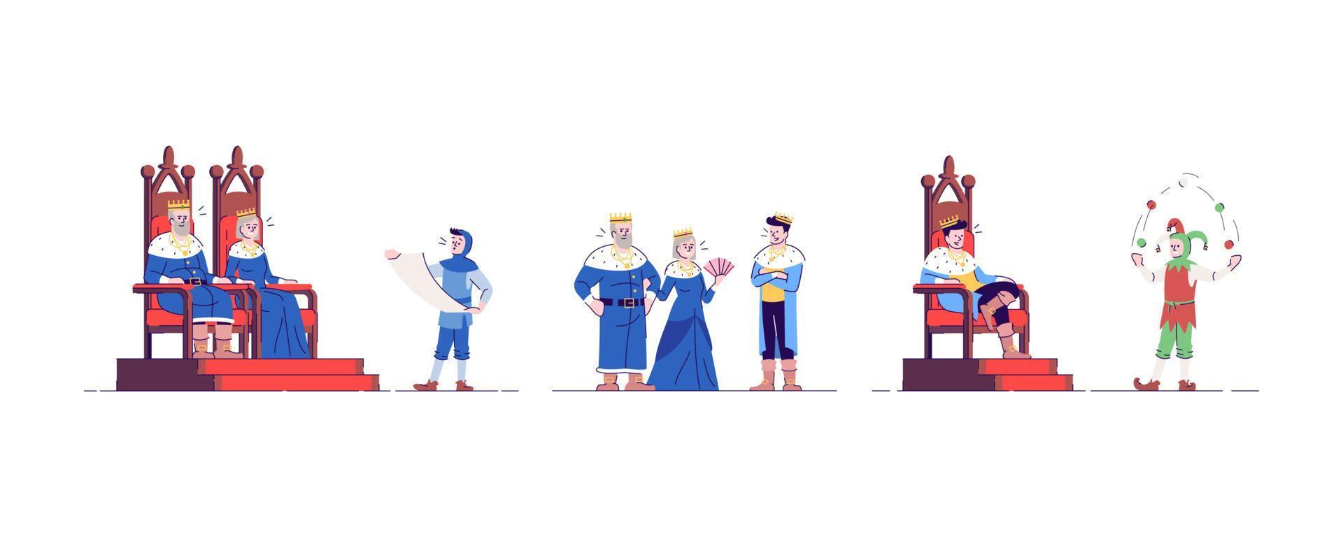 Medieval monarchs and servants flat vector illustrations set