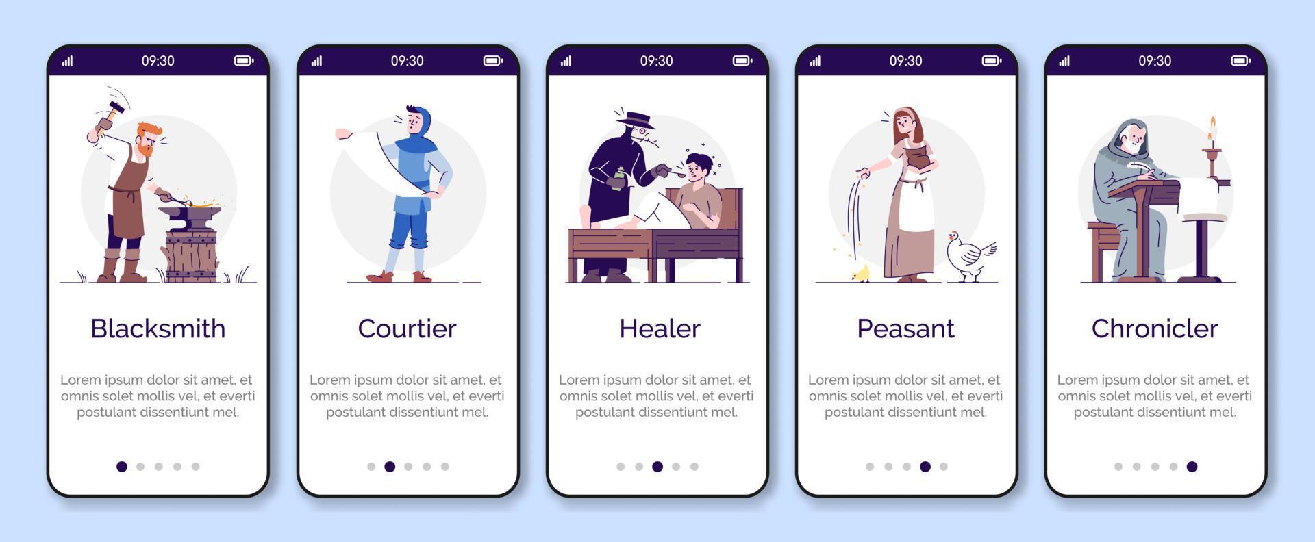 Medieval social groups onboarding mobile app page screen vector template