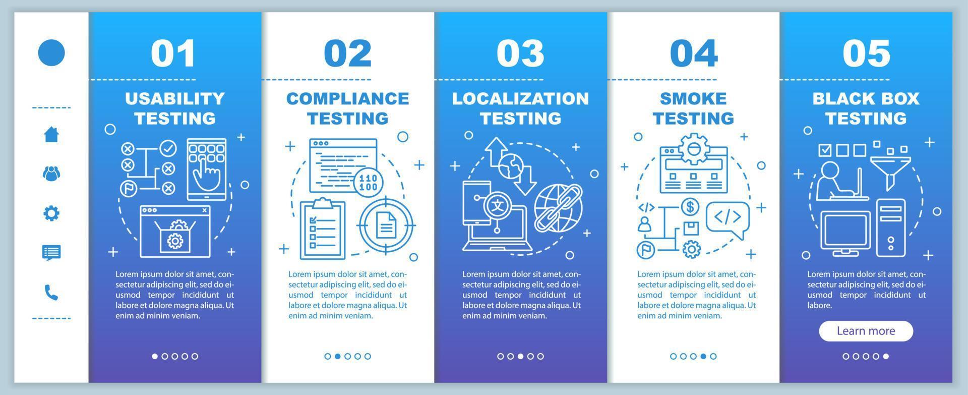 Usability testing blue onboarding mobile web pages vector template