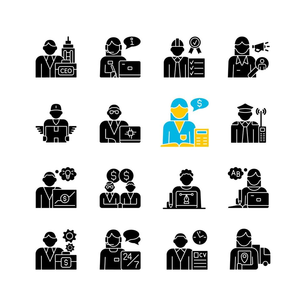 Company staff related RGB black glyph icons set on white space vector