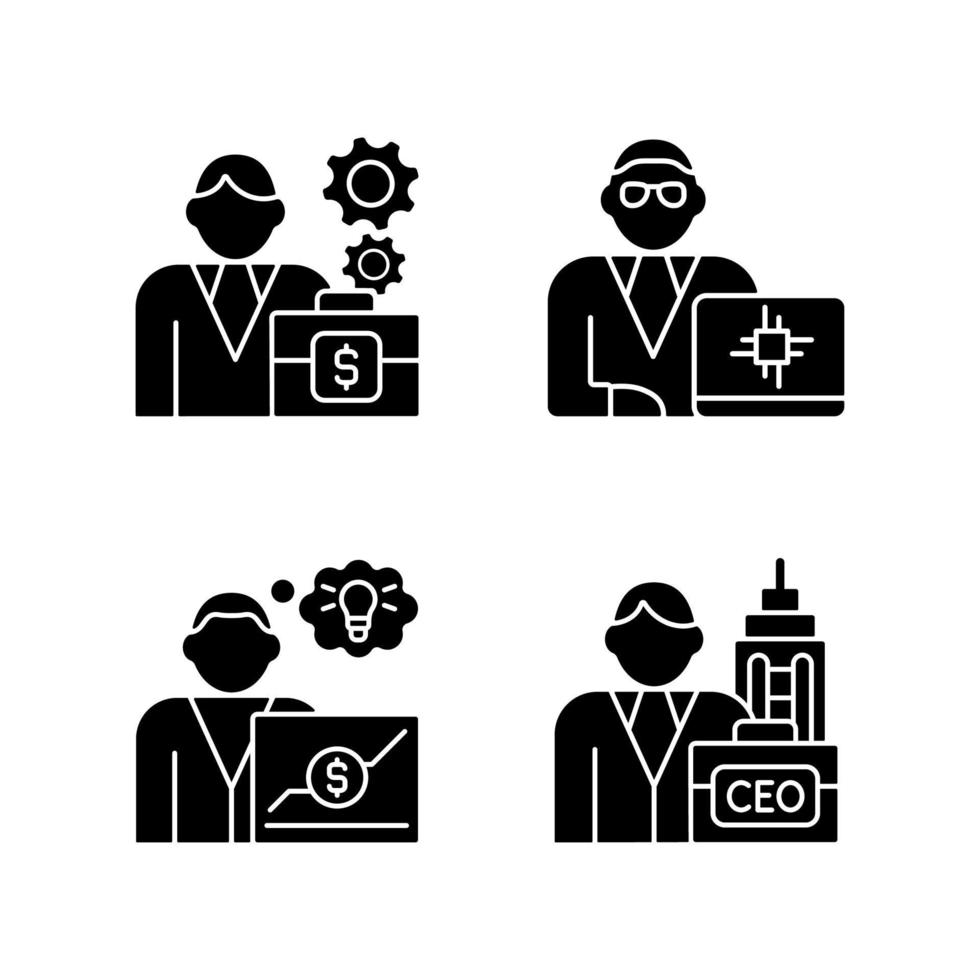 Senior executive roles RGB black glyph icons set on white space vector