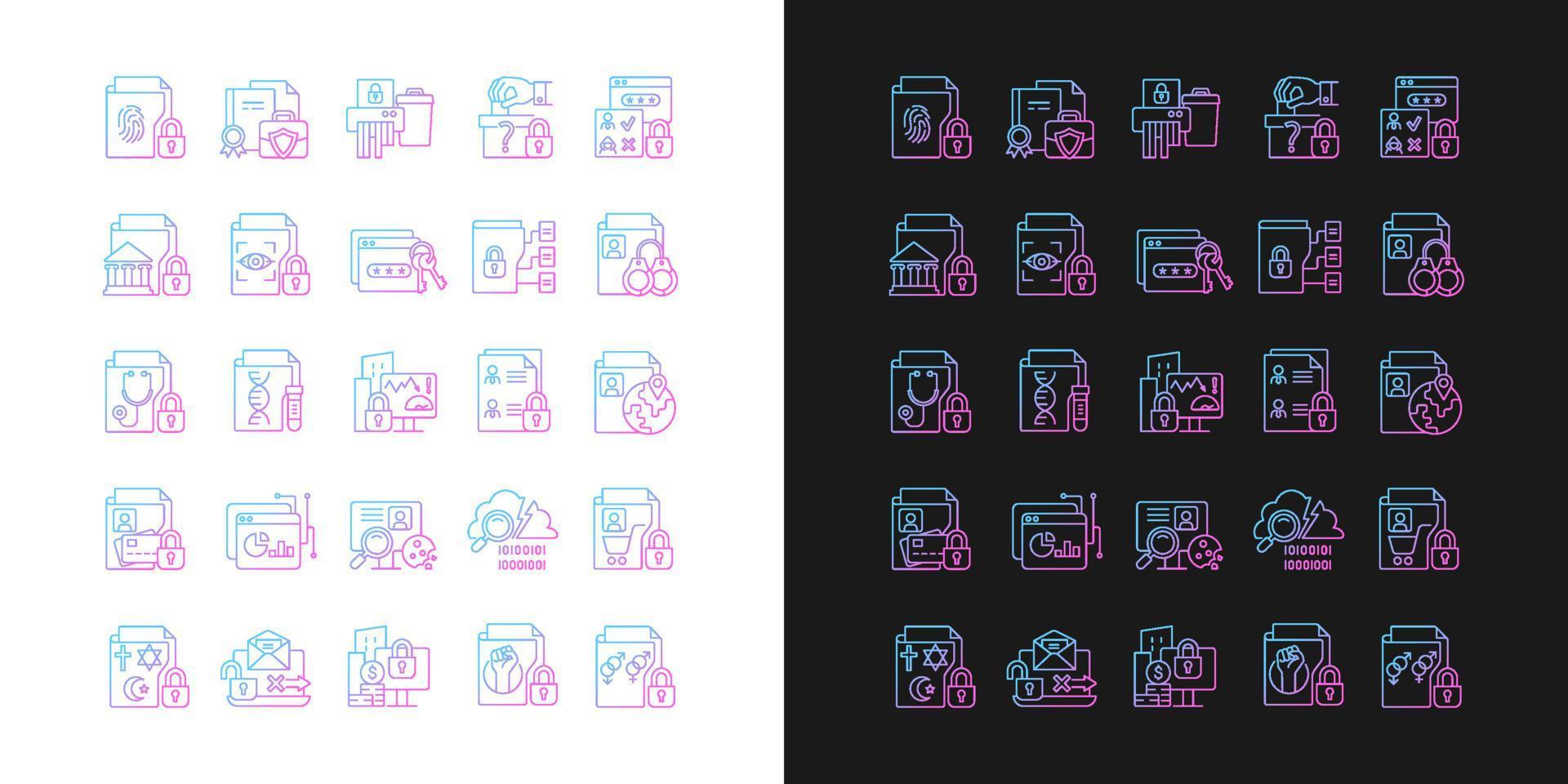 Sensitive information types gradient icons set for dark and light mode vector