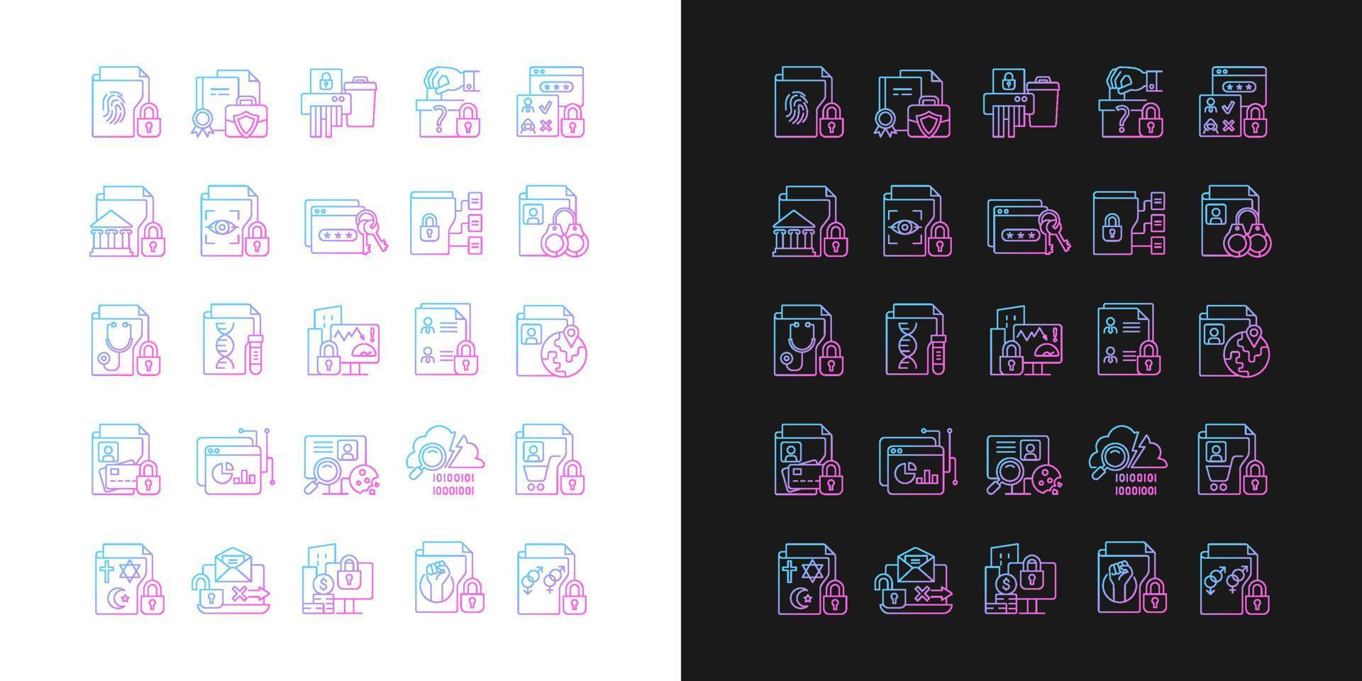 tipos de información sensible iconos de degradado establecidos para modo oscuro y claro vector