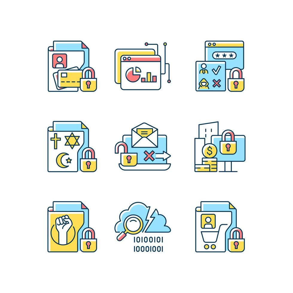 Personal information RGB color icons set vector