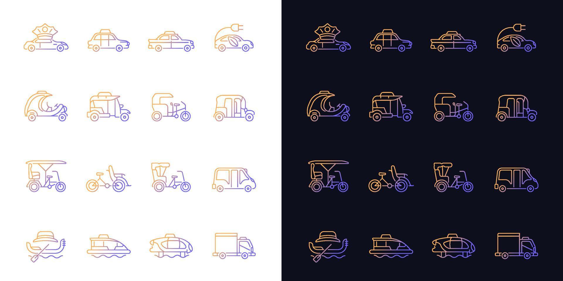 tipos de taxis iconos degradados establecidos para el modo oscuro y claro vector