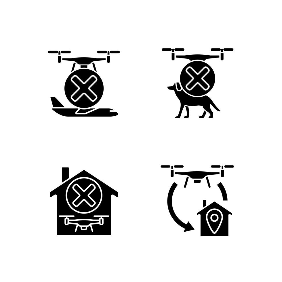 Drone instruction black glyph manual label icons set on white space vector