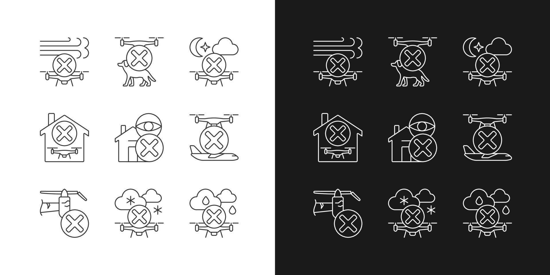 Drone restrictions linear manual label icons set for dark and light mode vector