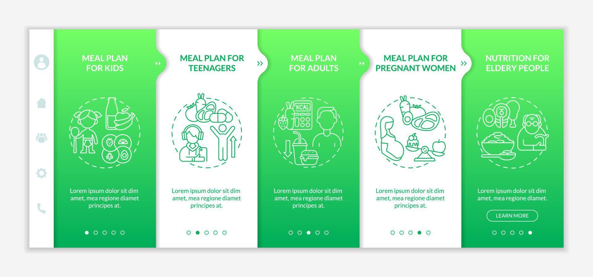 Meal plan for different age groups green onboarding vector template