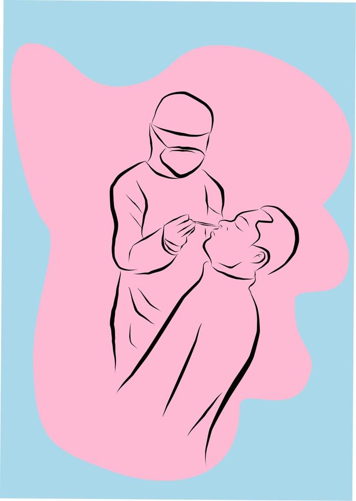 A man who is doing a covid examination. Hand drawn in thin line style, vector illustration.