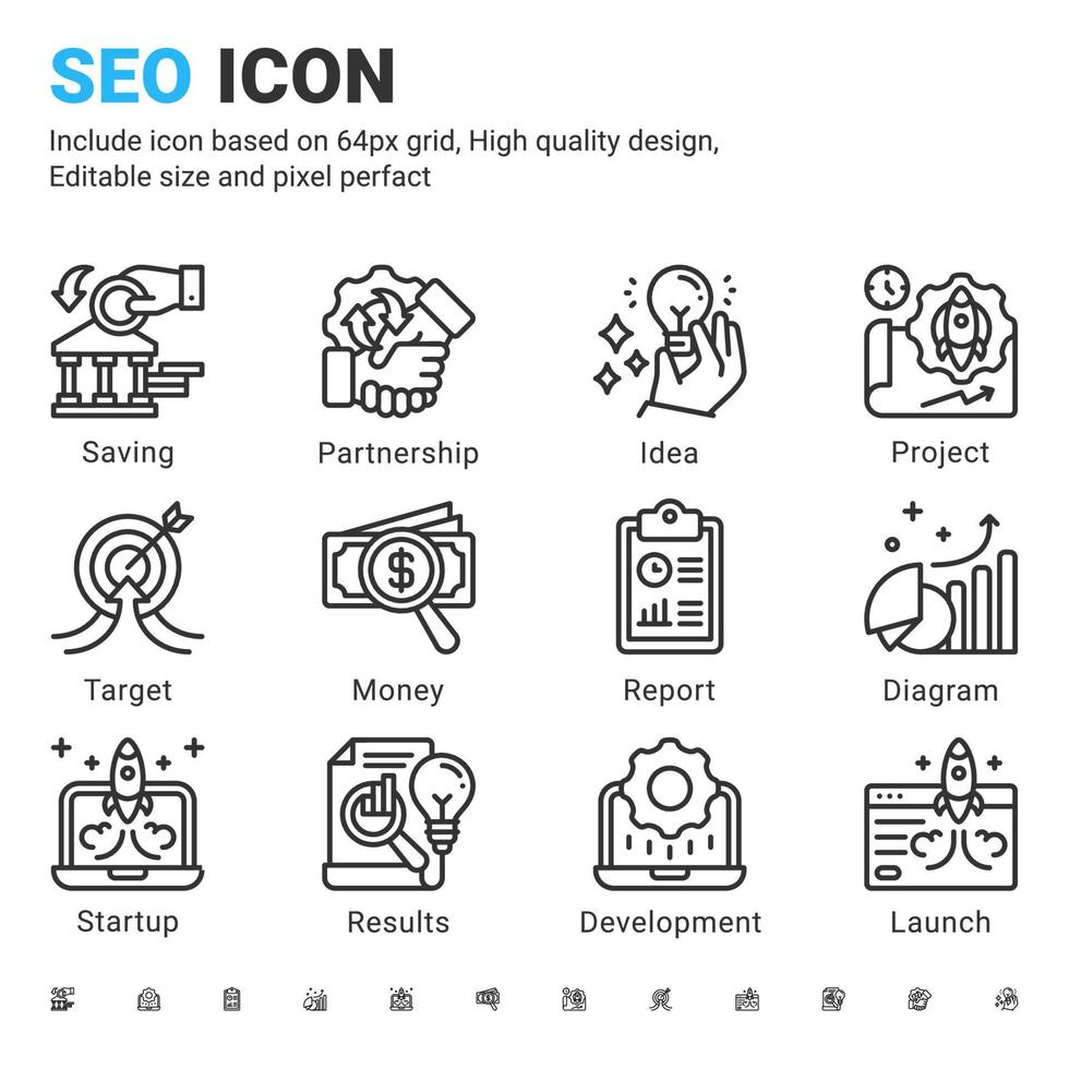 Seo line vector icon set with outline style isolated on white background. illustration seo sign symbol concept for digital IT, web business, technology and search engine optimization. Editable stroke