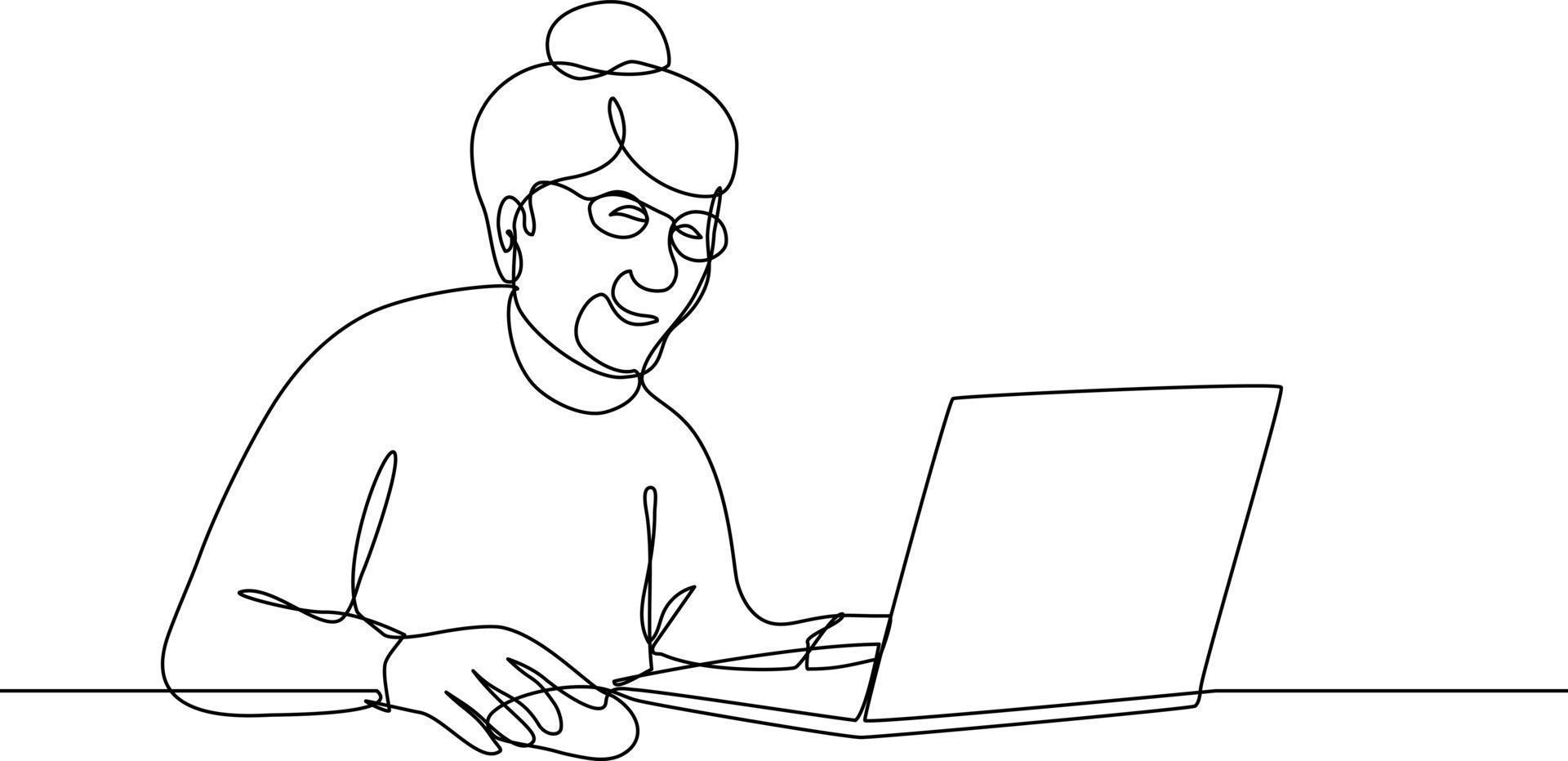 Smiling elderly woman working on laptop vector