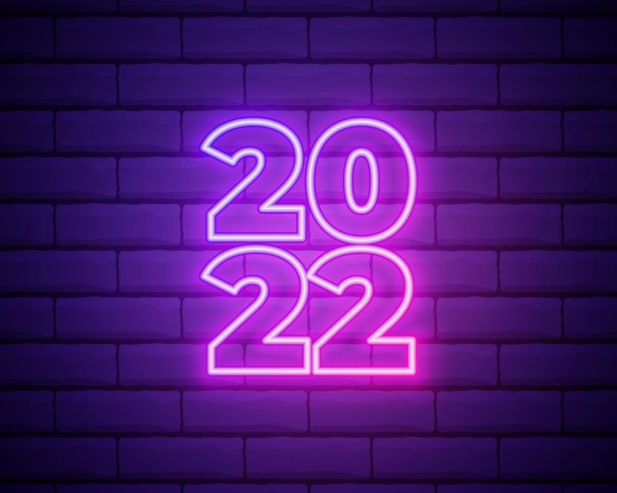 2022 neon signboard. Happy New Year. Realistic pink neon numbers on dark brick wall. Vector 2022 in neon linear style.