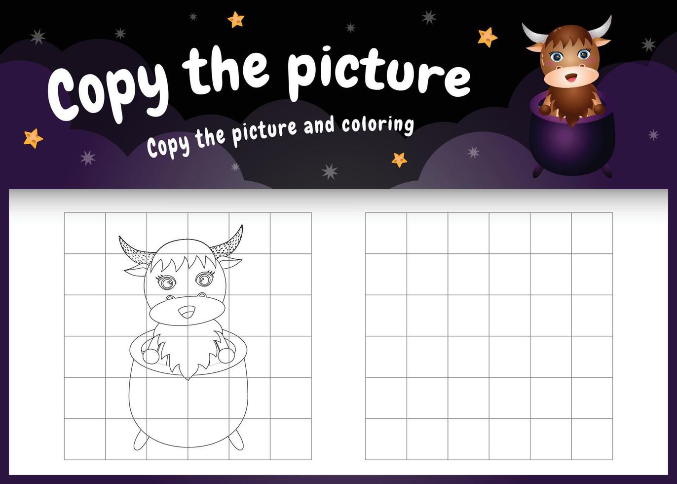 copy the picture kids game and coloring page with a cute buffalo using halloween costume vector