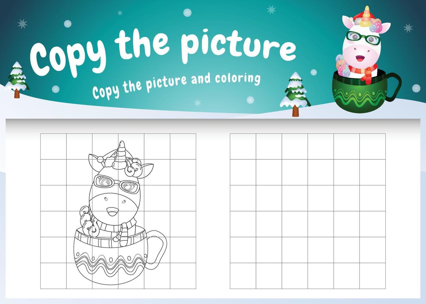 copy the picture kids game and coloring page with a cute unicorn on the cup vector