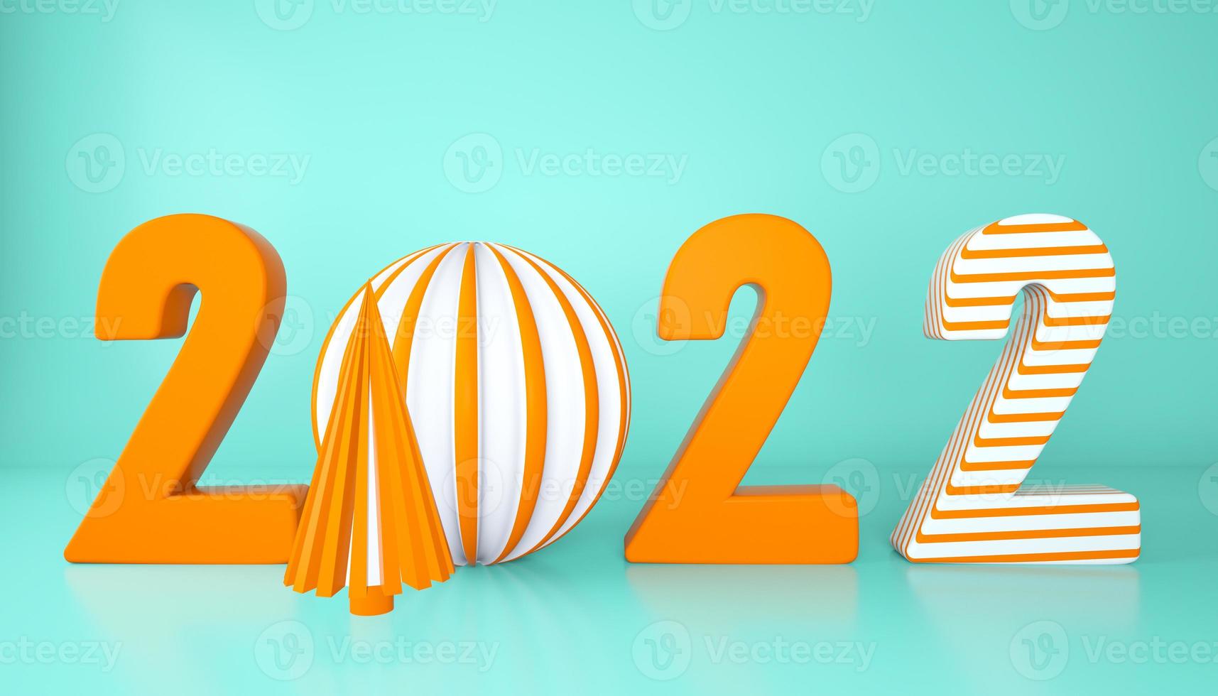 feliz año nuevo 2022. números 3d con formas geométricas y bola de navidad. Render 3d foto