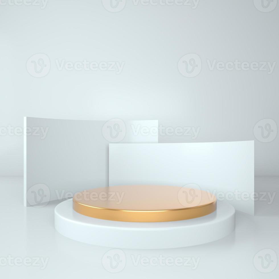 3d rendering studio with geometric shapes, podium on the floor. Platforms for product presentation, mock up background photo