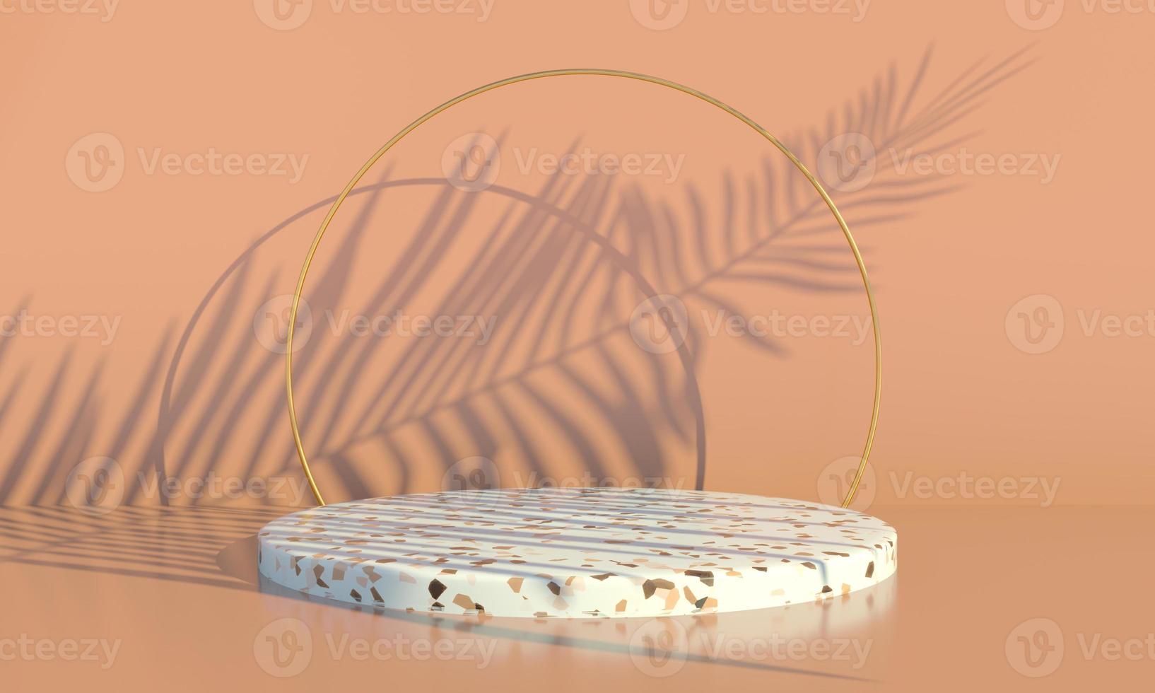 Podium with palm leaves on pastel background. Concept scene stage showcase for product, promotion, sale, banner, presentation, cosmetic. Minimal showcase empty mock up. 3d photo