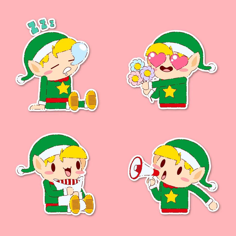 cute Christmas elf sticker vector set
