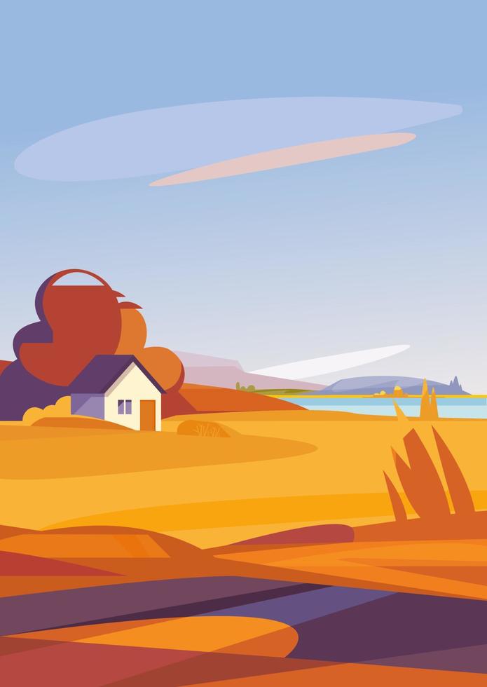 Autumn landscape with house on the river bank in vertical orientation. vector