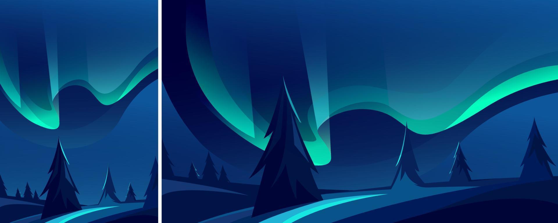 Landscape with beautiful northern lights in different format. vector