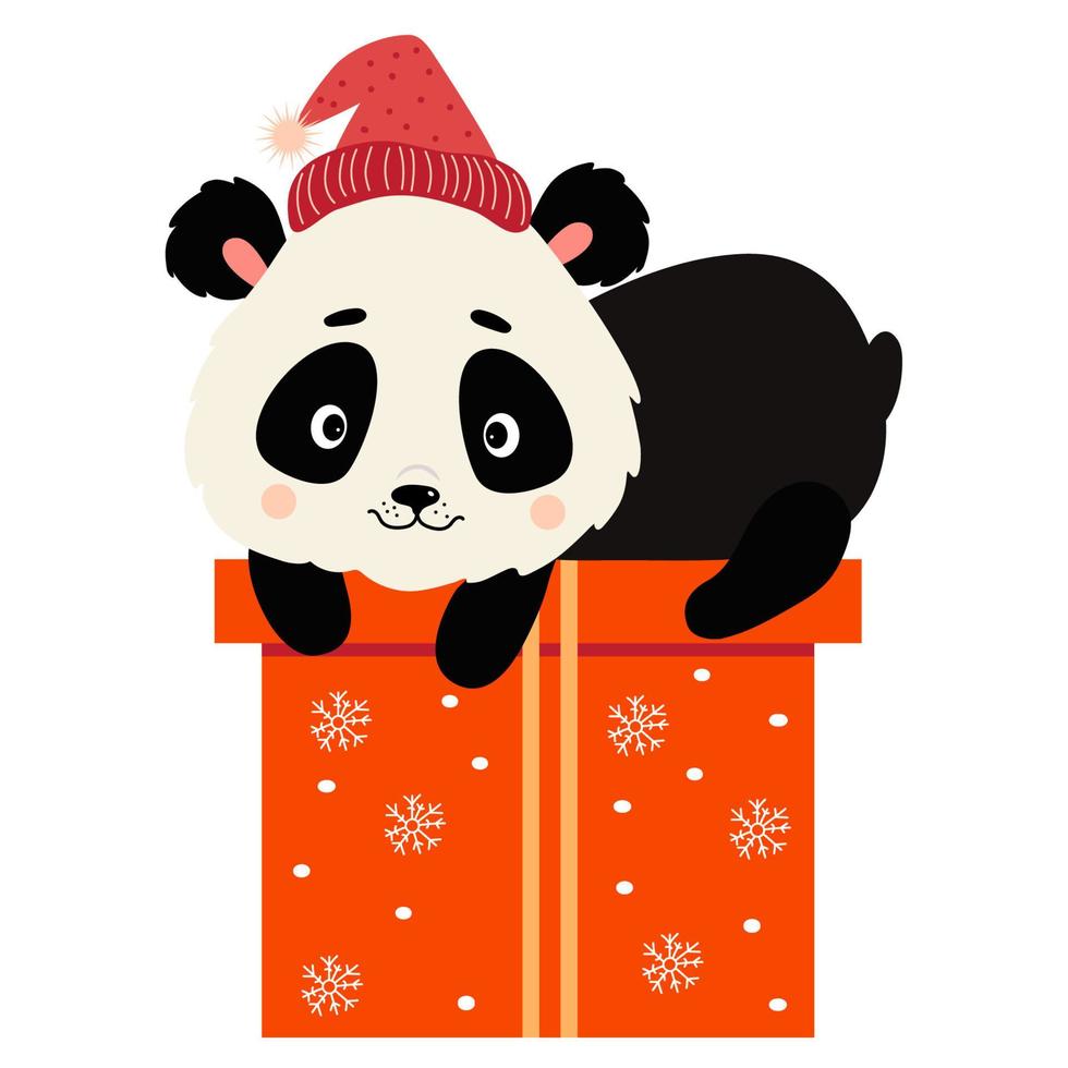 lindo panda santa con regalo vector