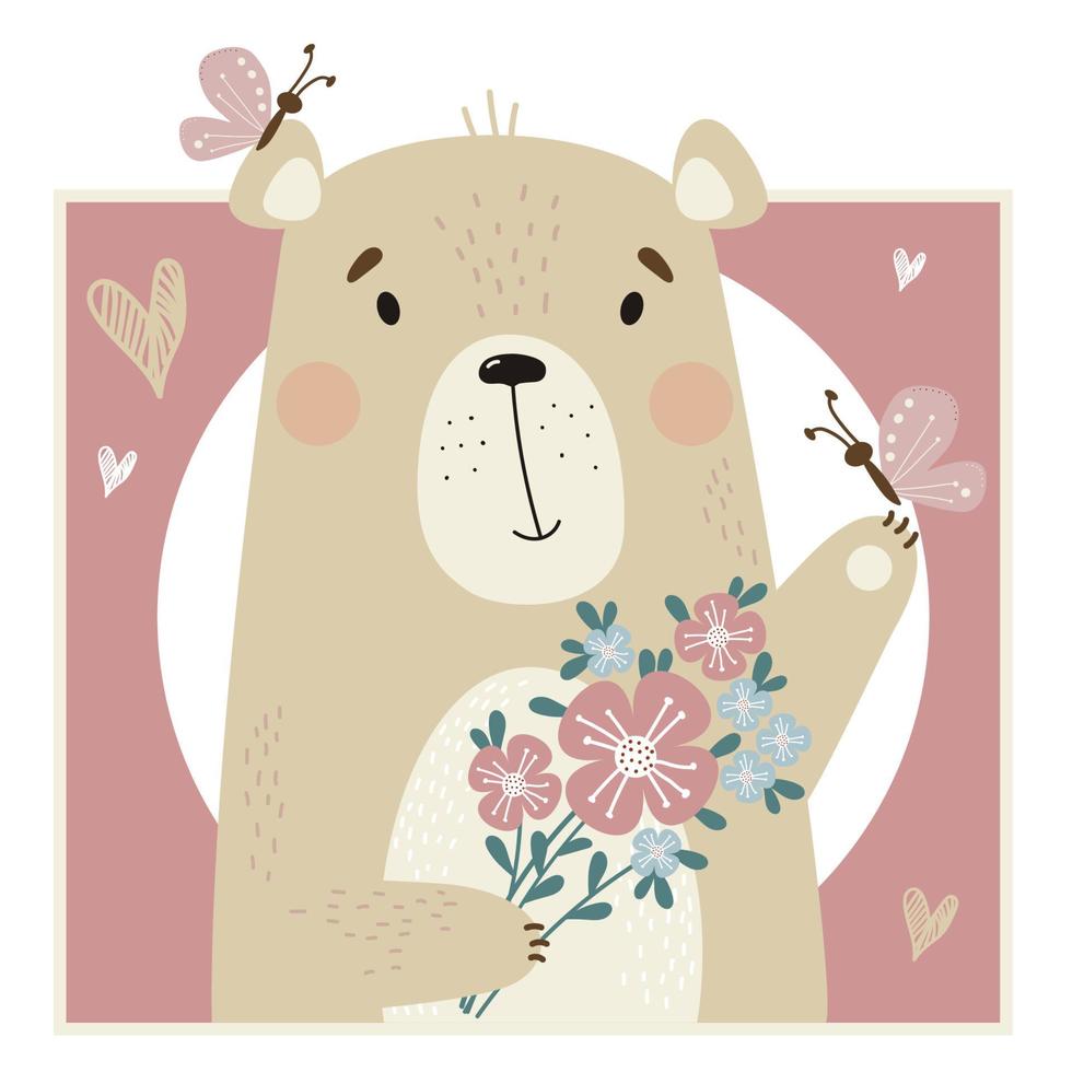 Portrait of cute bear with bouquet of flowers and butterflies on a decorative bright background vector