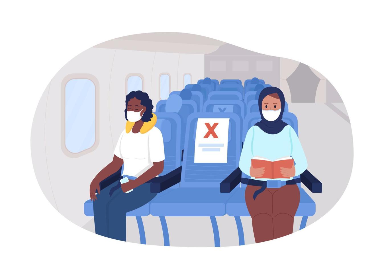 Airplane safe social distancing 2D vector isolated illustration. Plane passengers in facial masks flat characters on cartoon background. Travel precautions post covid colourful scene