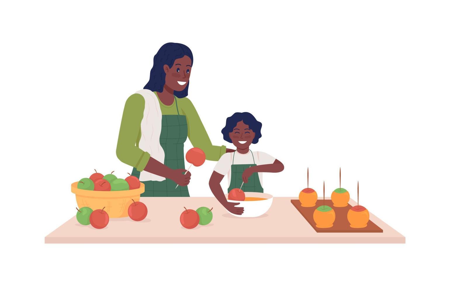 Mom with child cook semi flat color vector characters. Posing figures. Full body people on white. Making caramel apples isolated modern cartoon style illustration for graphic design and animation