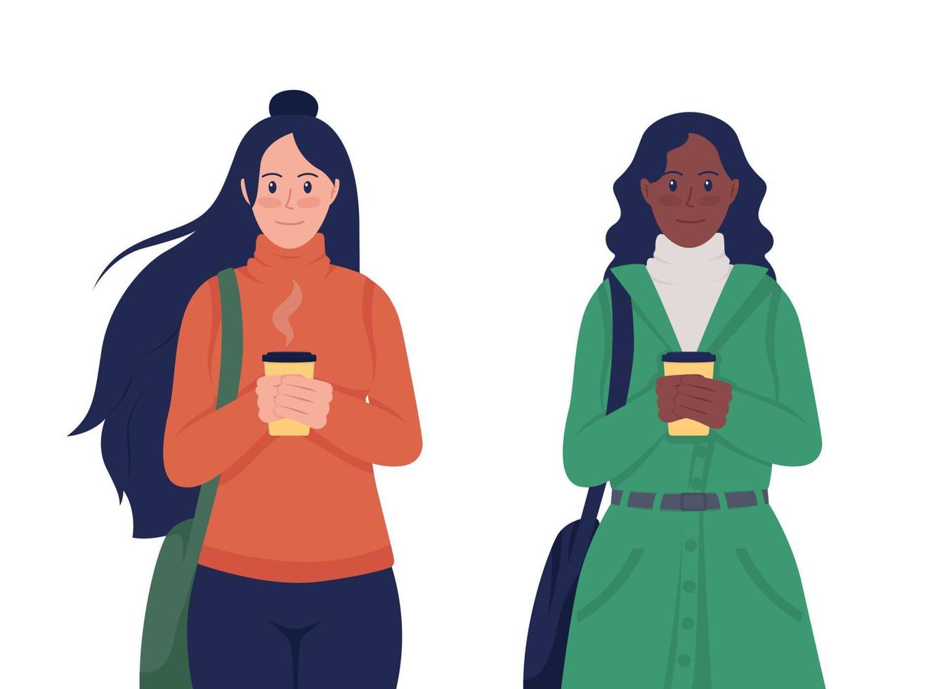 chica con café en otoño conjunto de caracteres vectoriales de color semi plano. posando figuras. personas de cuerpo entero en blanco. Ilustración de estilo de dibujos animados moderno aislado de otoño para diseño gráfico y paquete de animación vector