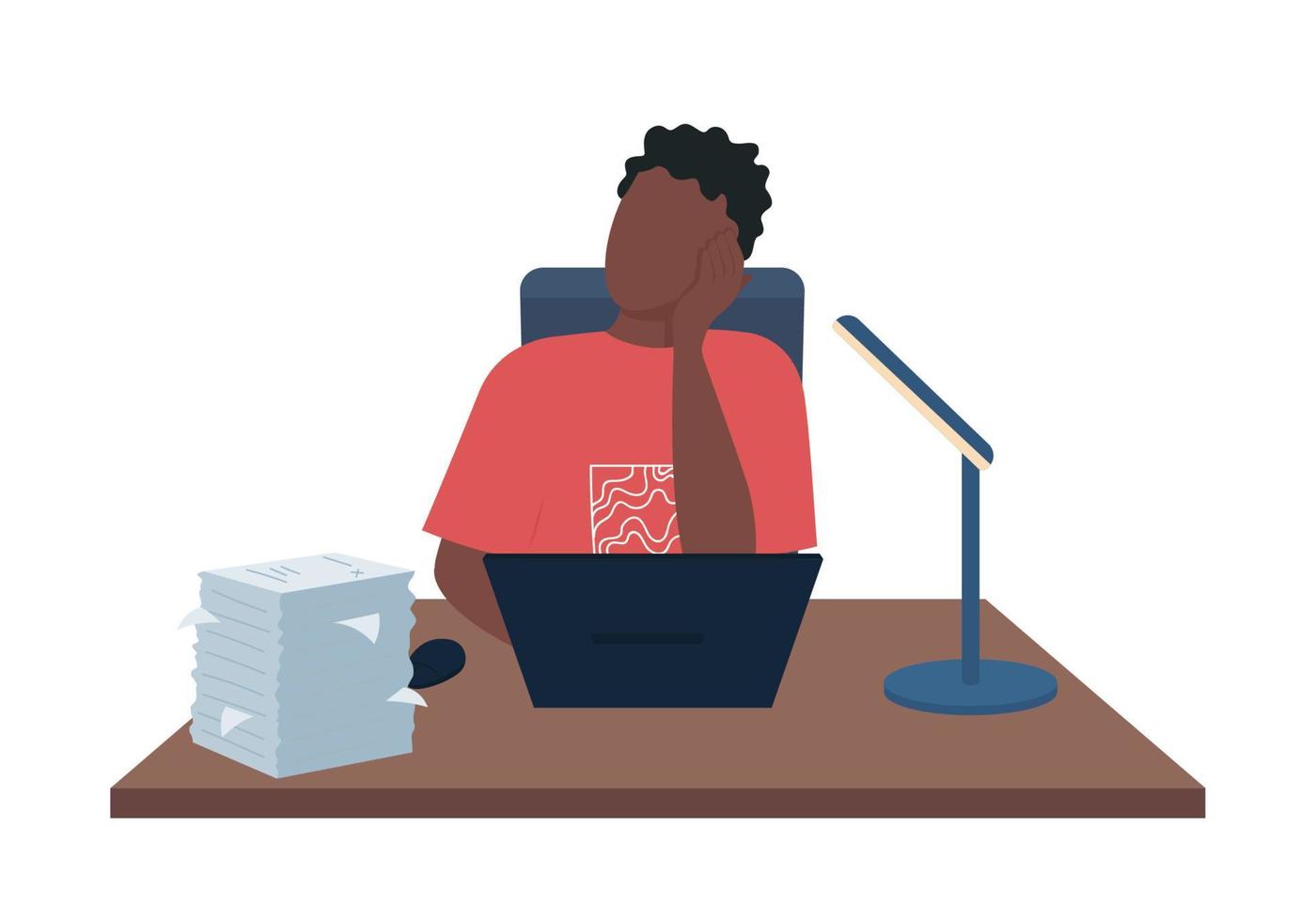 Man tired from work semi flat color vector character. Sitting figure. Full body person on white. Paperwork overload isolated modern cartoon style illustration for graphic design and animation