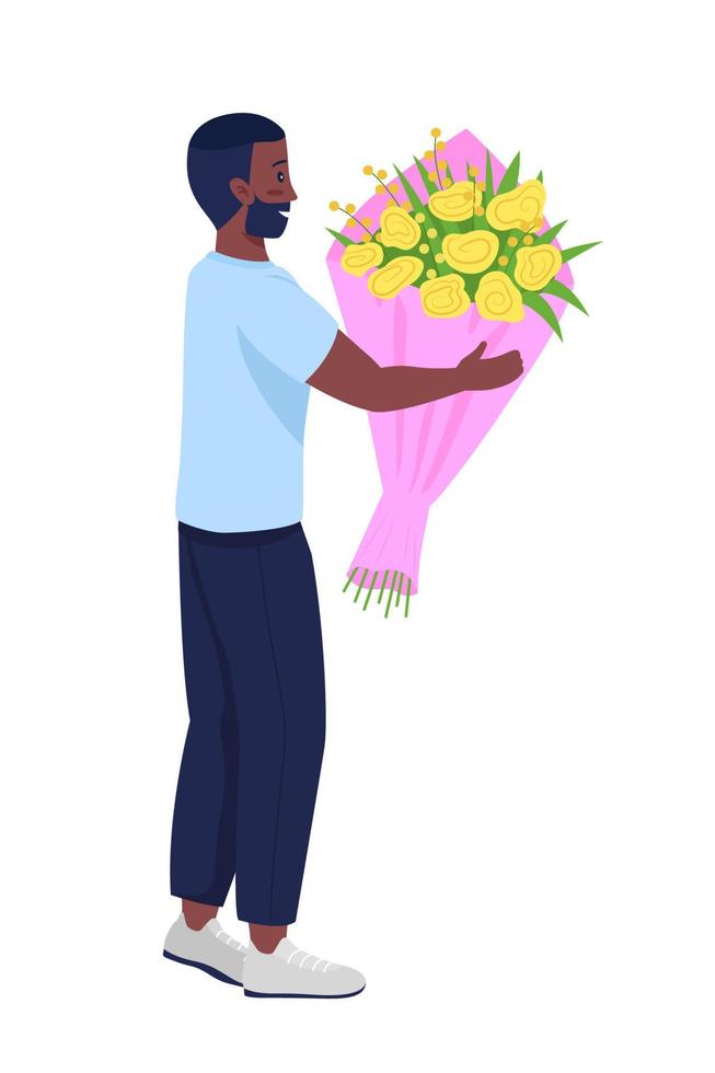 hombre dando ramo carácter vectorial de color semi plano. posando figura. persona de cuerpo entero en blanco. flores de novio aislado ilustración de estilo de dibujos animados moderno para diseño gráfico y animación vector