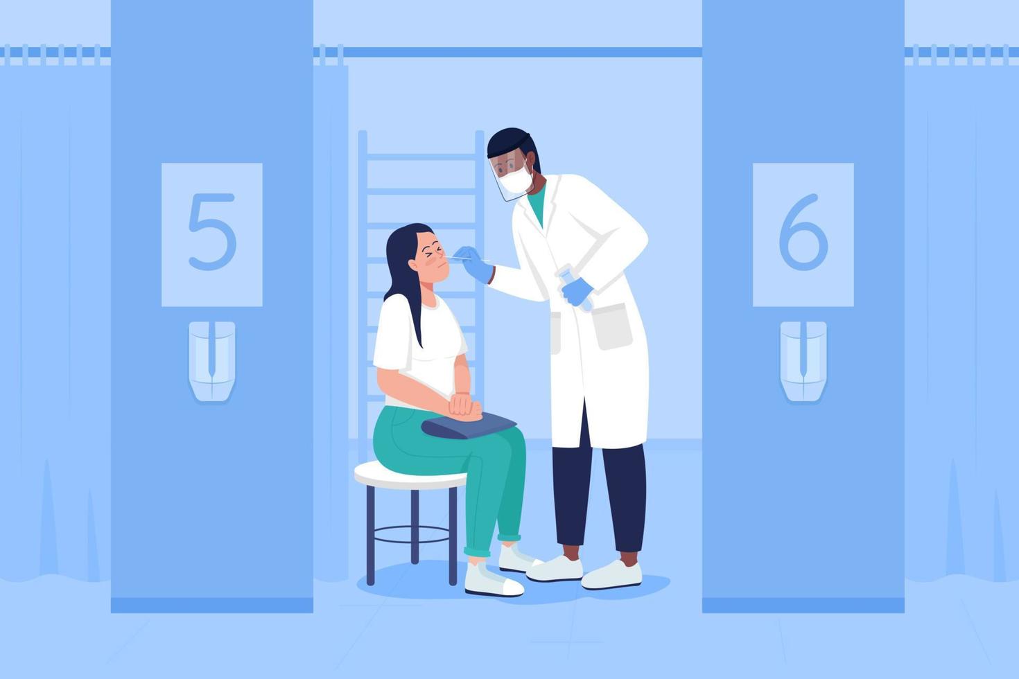 Testing for virus flat color vector illustration. Health checkup. Clinical diagnostics. Taking samples. Patient and doctor 2D cartoon characters with hospital space blue interior on background