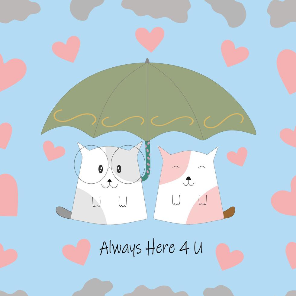 seamless pattern of two cute cats with umbrella and love vector