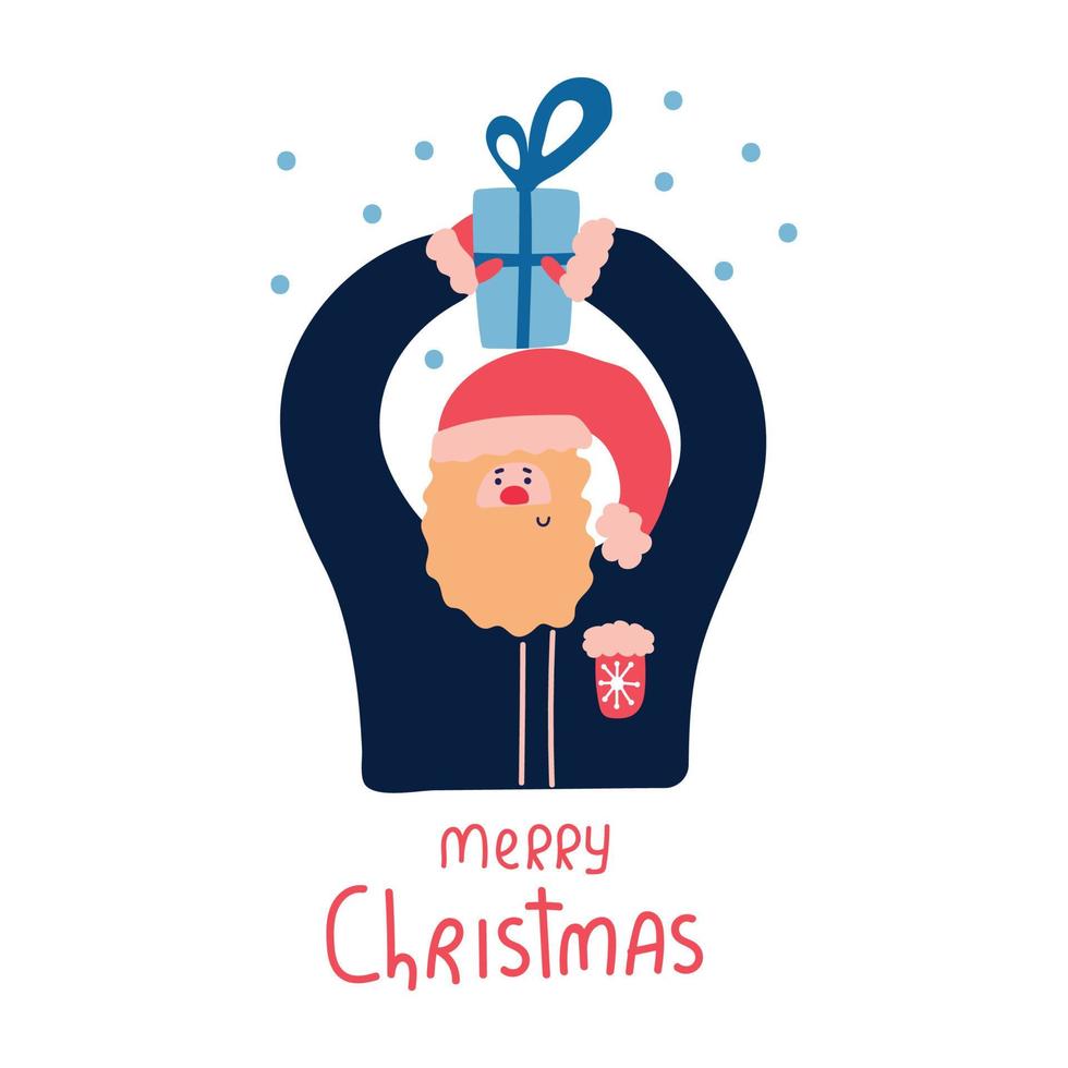 lindo santa claus mantenga caja de regalo y texto feliz navidad. ilustración plana para tarjetas de felicitación, impresión y web. vector