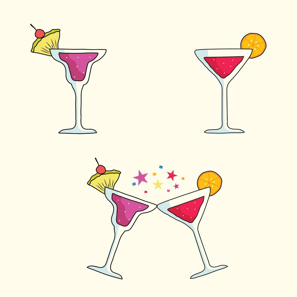 Vector illustration cocktails. Cocktail in a curly glass. Clink glasses.