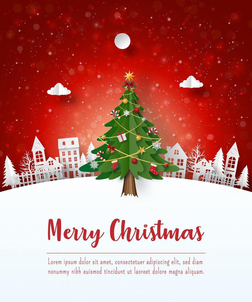 Merry Christmas and Happy New Year, Christmas postcard of Christmas tree in the village, Paper art style vector