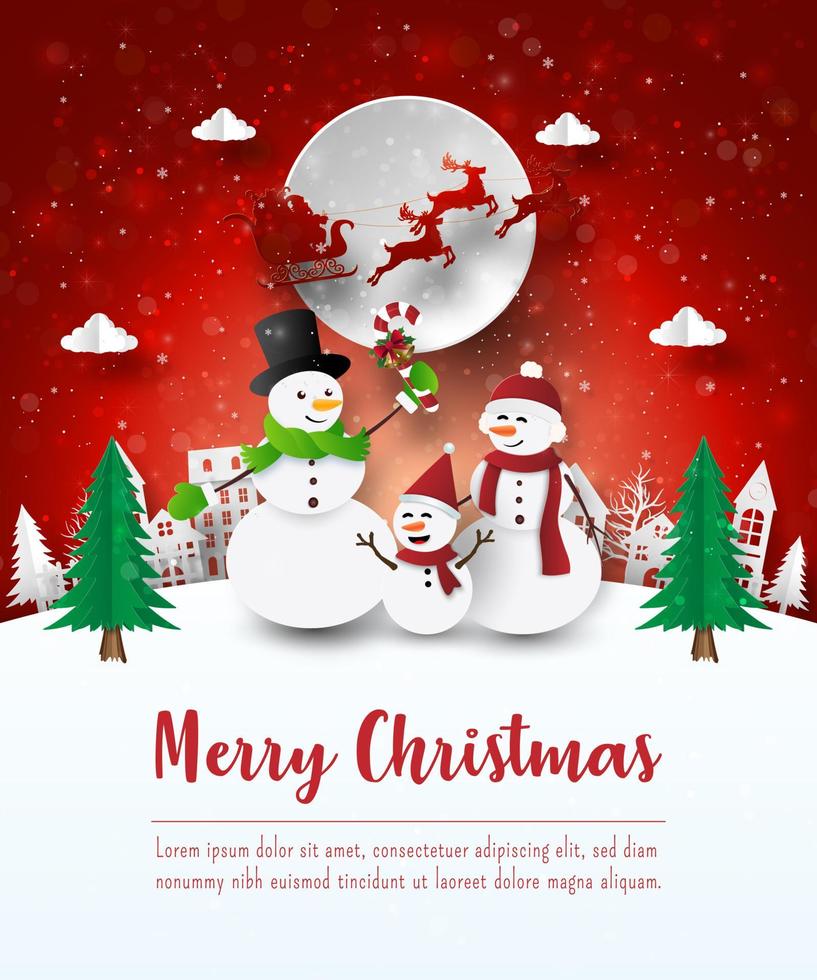 Merry Christmas and Happy New Year, Christmas postcard of Snowman in the village, Paper art style vector