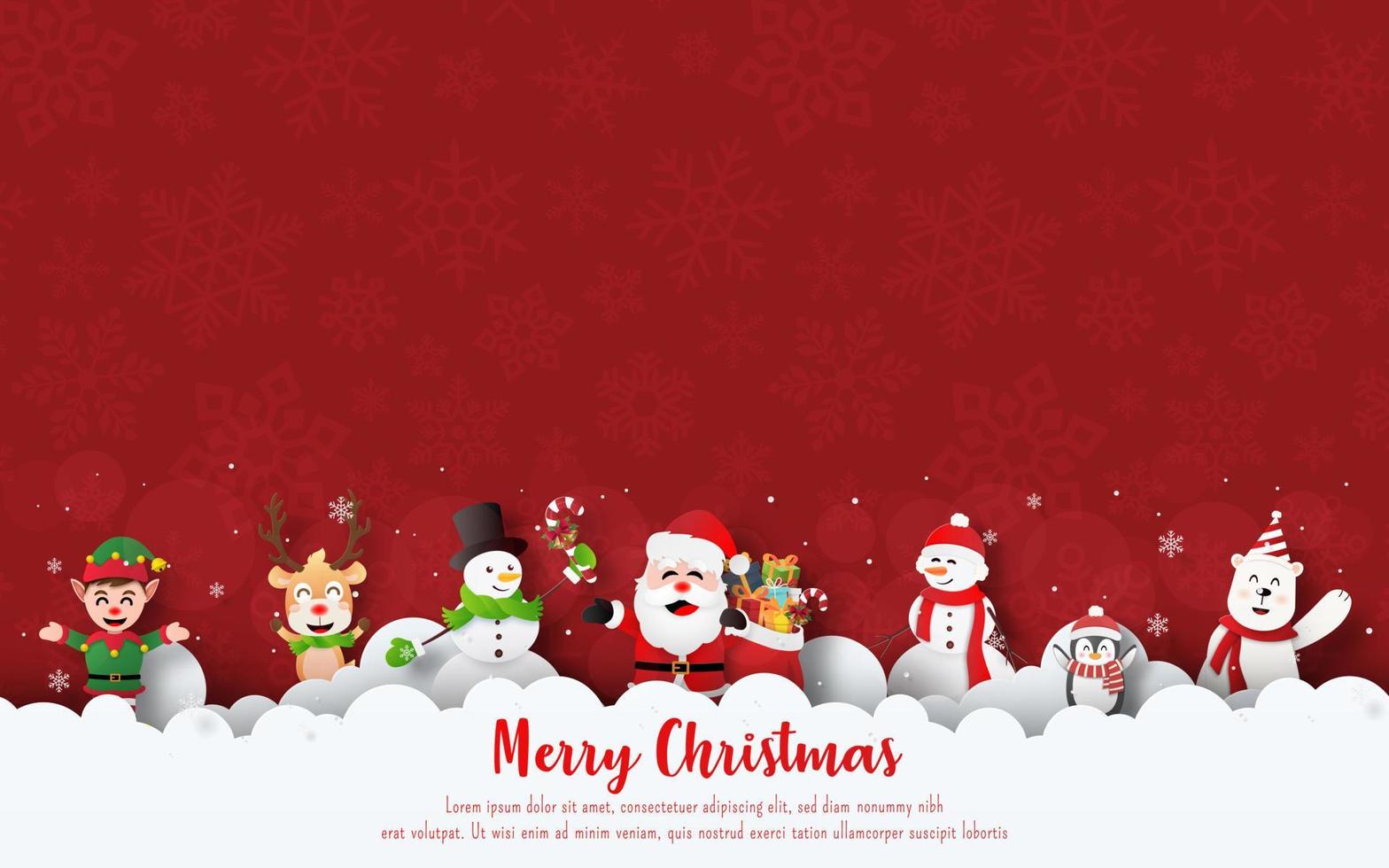 feliz navidad y próspero año nuevo, postal de banner navideño de la fiesta de navidad con santa claus y amigos en el cielo con espacio en blanco vector