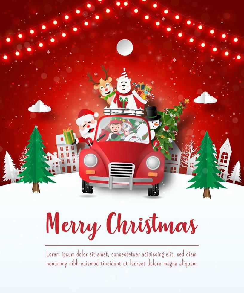 feliz navidad y próspero año nuevo, postal navideña de santa claus y un amigo en un coche rojo en el pueblo, estilo de arte en papel vector