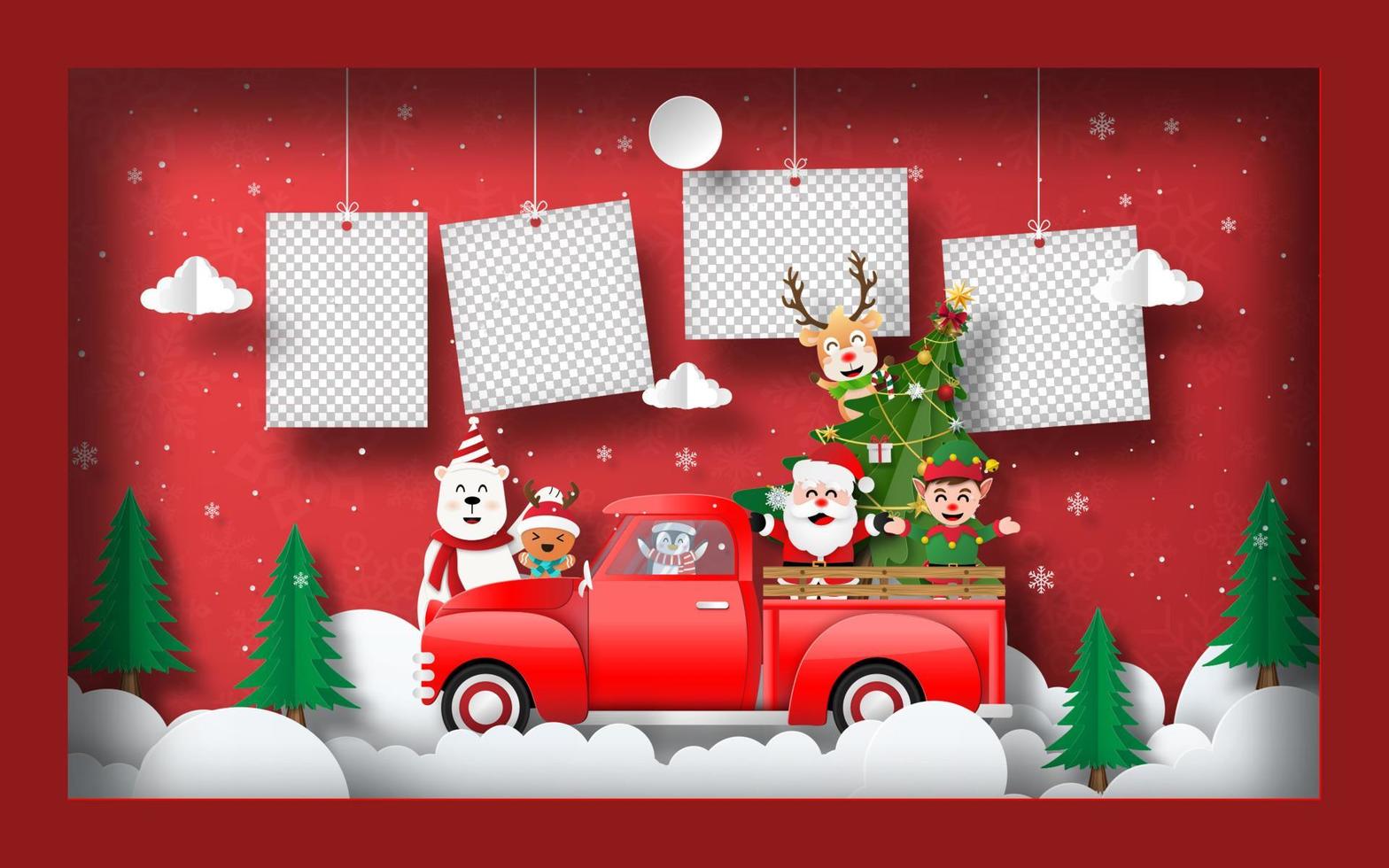 Origami Paper art of blank photo with Santa Claus and friends on a Christmas train in frame, Postcard banner background vector