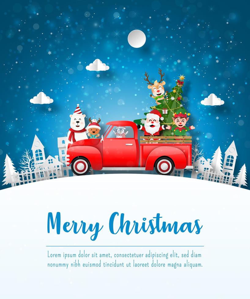 feliz navidad y próspero año nuevo, postal navideña de santa claus y amigo con coche rojo en el pueblo, estilo de arte en papel vector