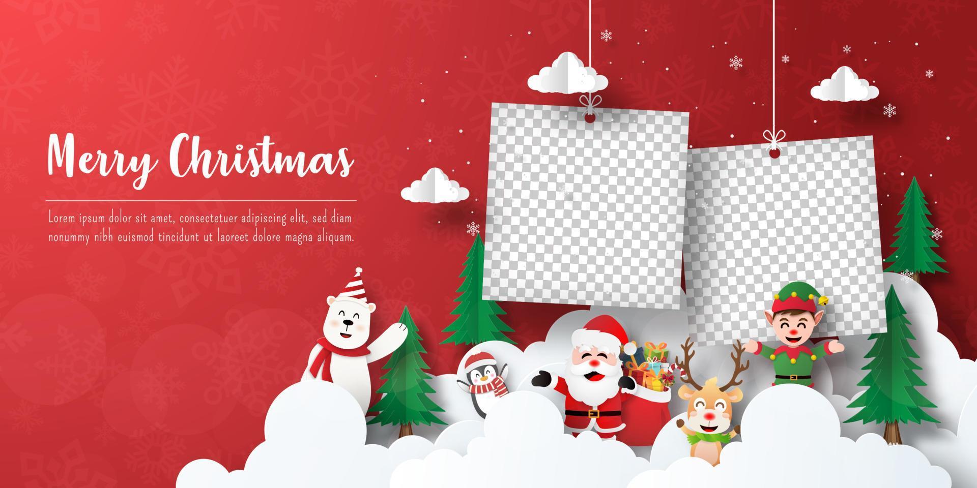 feliz navidad y próspero año nuevo, postal de banner navideño de santa claus y amigos con marco de fotos en blanco vector