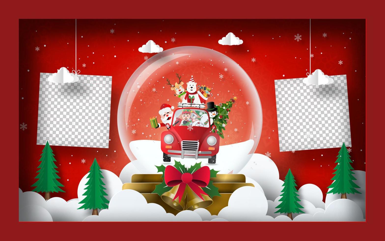 Christmas postcard banner background, Blank photo with Santa Claus and friends in a Christmas ball in frame vector