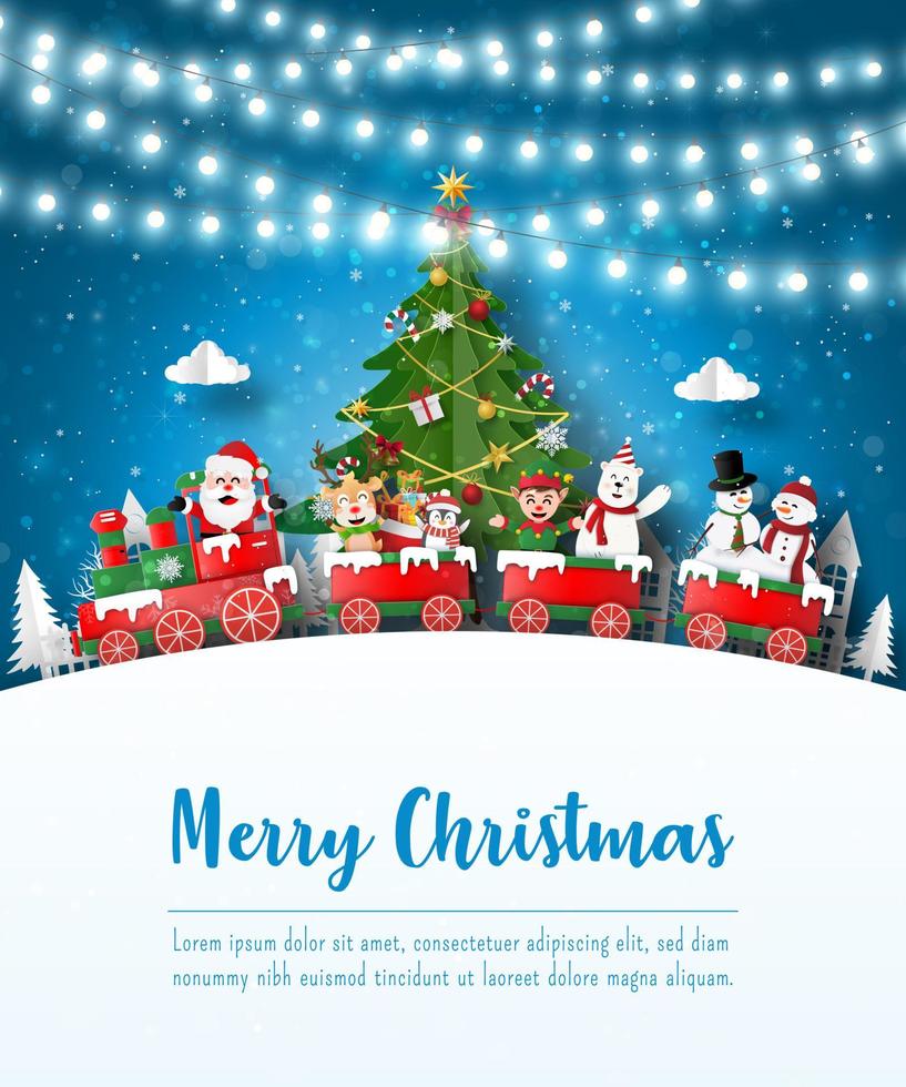 feliz navidad y próspero año nuevo, postal navideña de santa claus y amigos en un tren en el pueblo, estilo de arte en papel vector