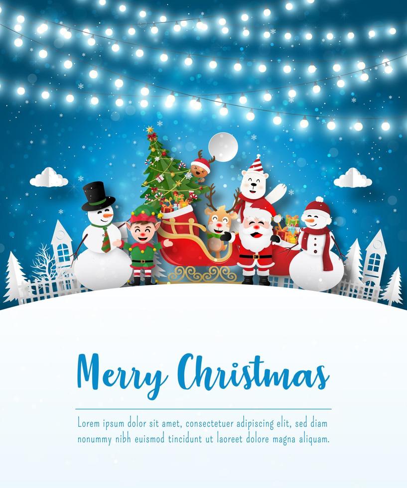 feliz navidad y próspero año nuevo, postal navideña de santa claus y amigos en el pueblo, estilo de arte en papel vector