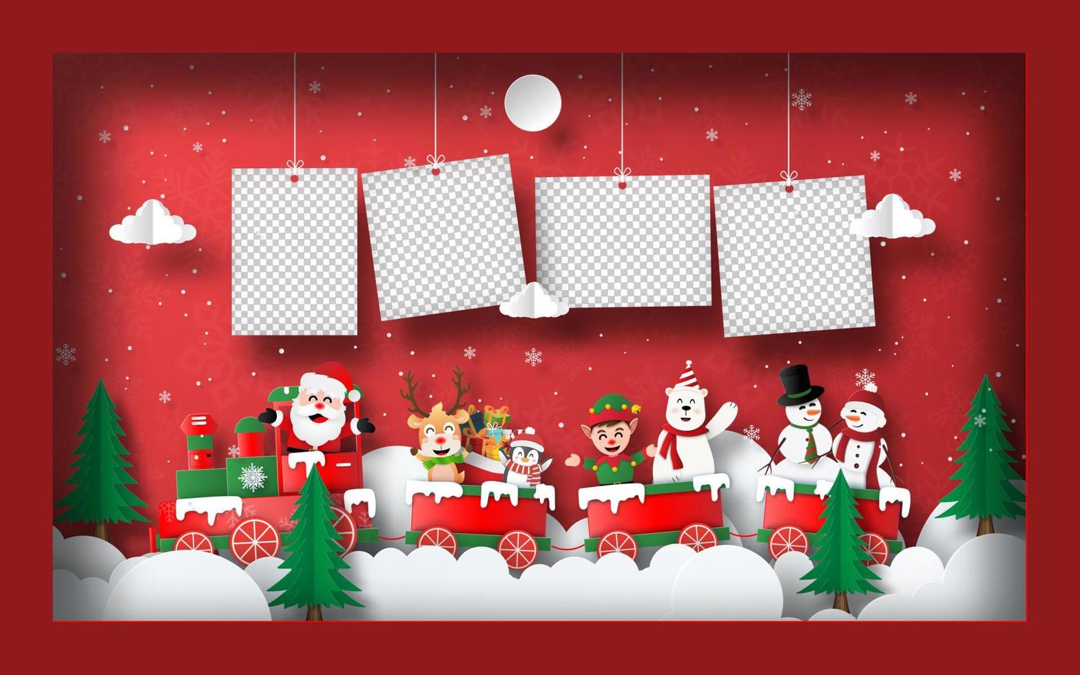 Origami Paper art of blank photo with Santa Claus and friends on a Christmas train in frame, Postcard banner background vector